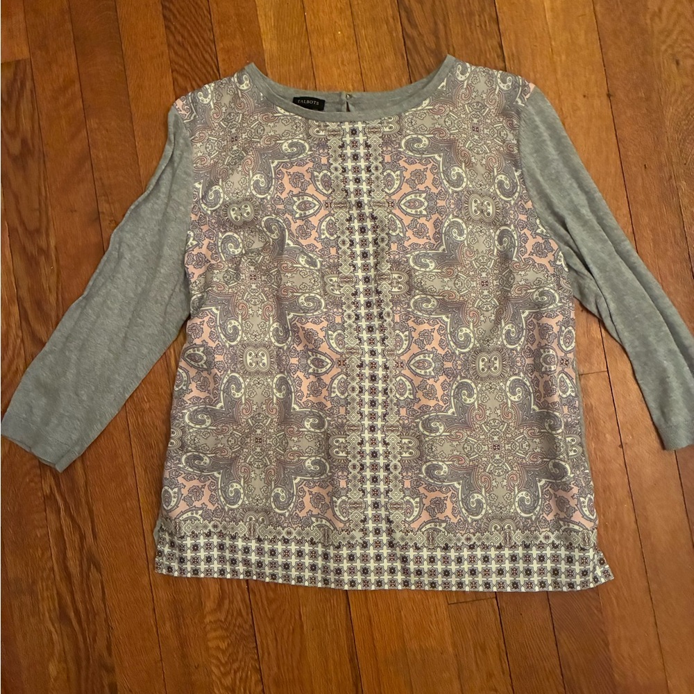 Talbots Gray and Pink Paisley Long Sleeve Top